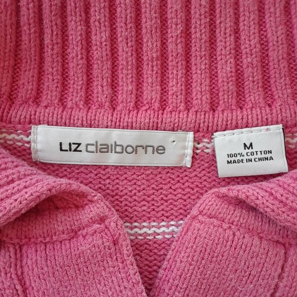 Liz Claiborne Pink White Striped Ribbed Knit Collared Sweater Size M - Picture 8 of 10